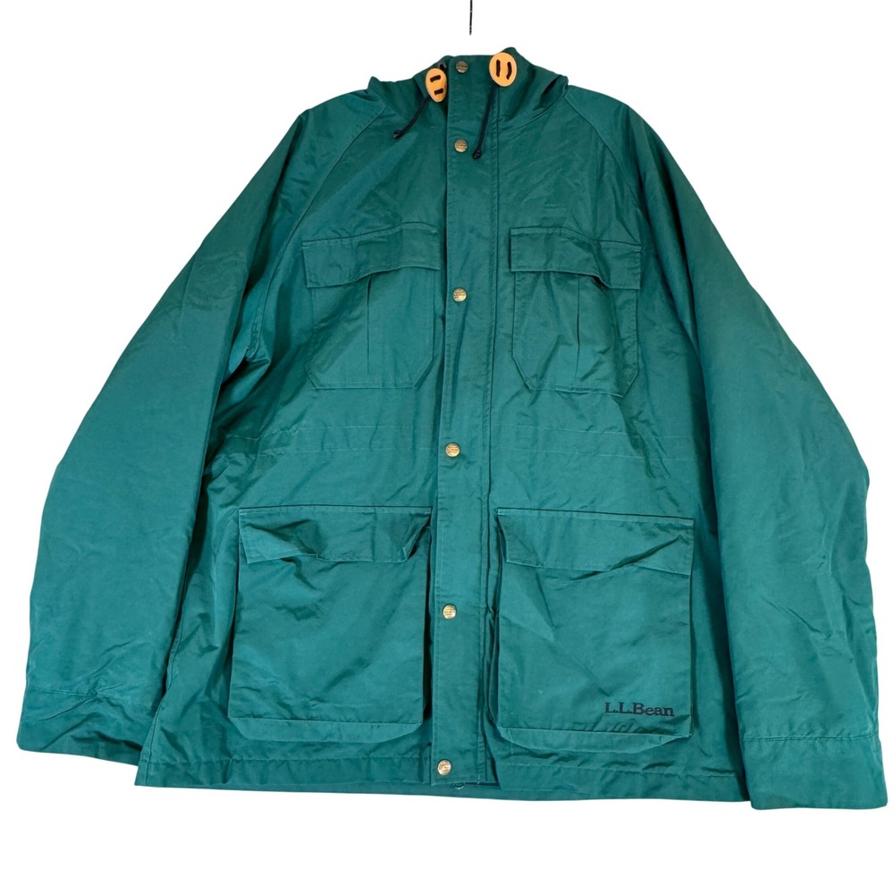 LL Bean Vintage Field Jacket Green Flannel Lined Hooded Parka Mens Large